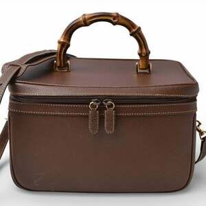 GUCCI Authentic Brown Leather Bamboo Vanity Bag
